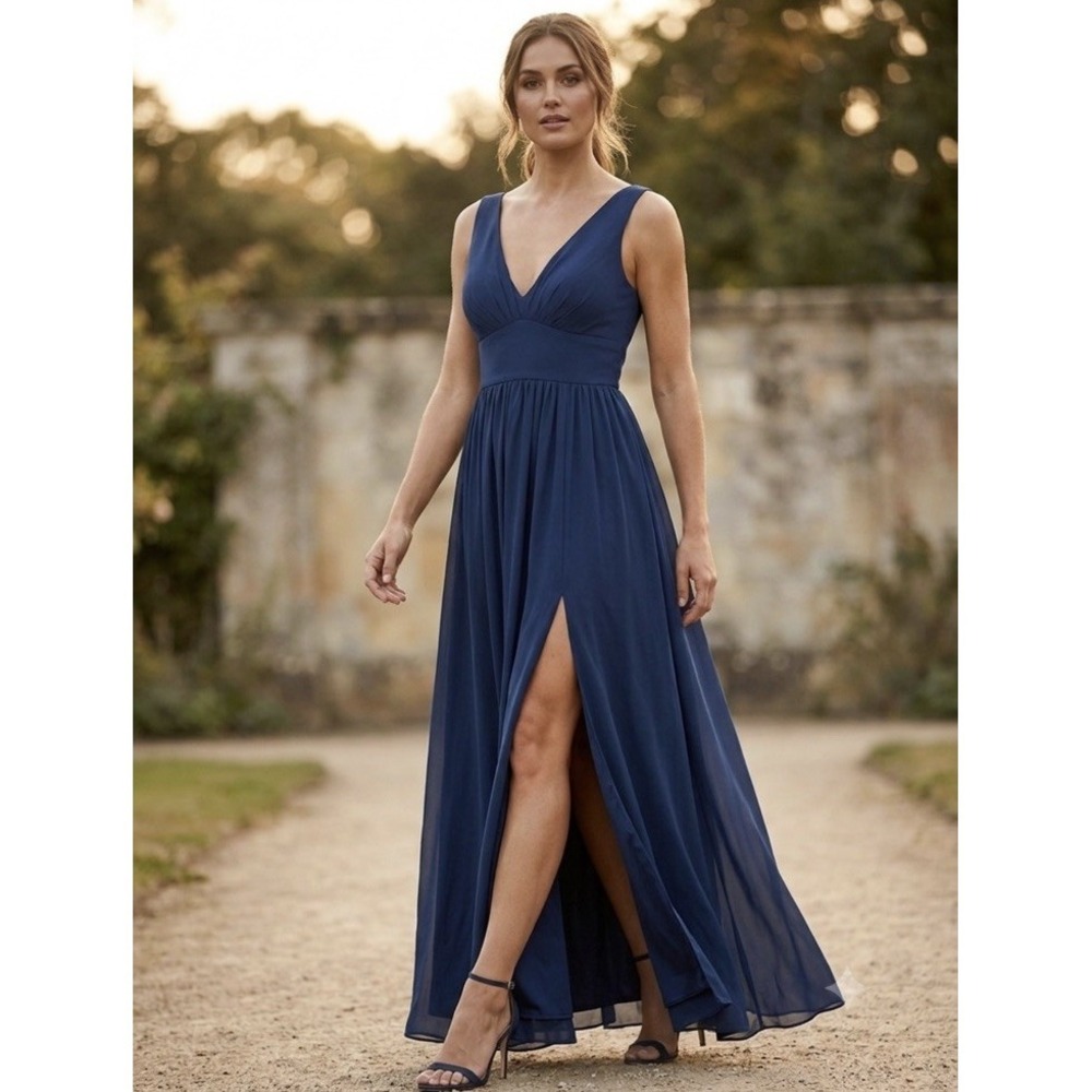 JJ's House Formal Navy Dress Size 8-10. Deep V Chiffon A-Line Sleeveless Slit